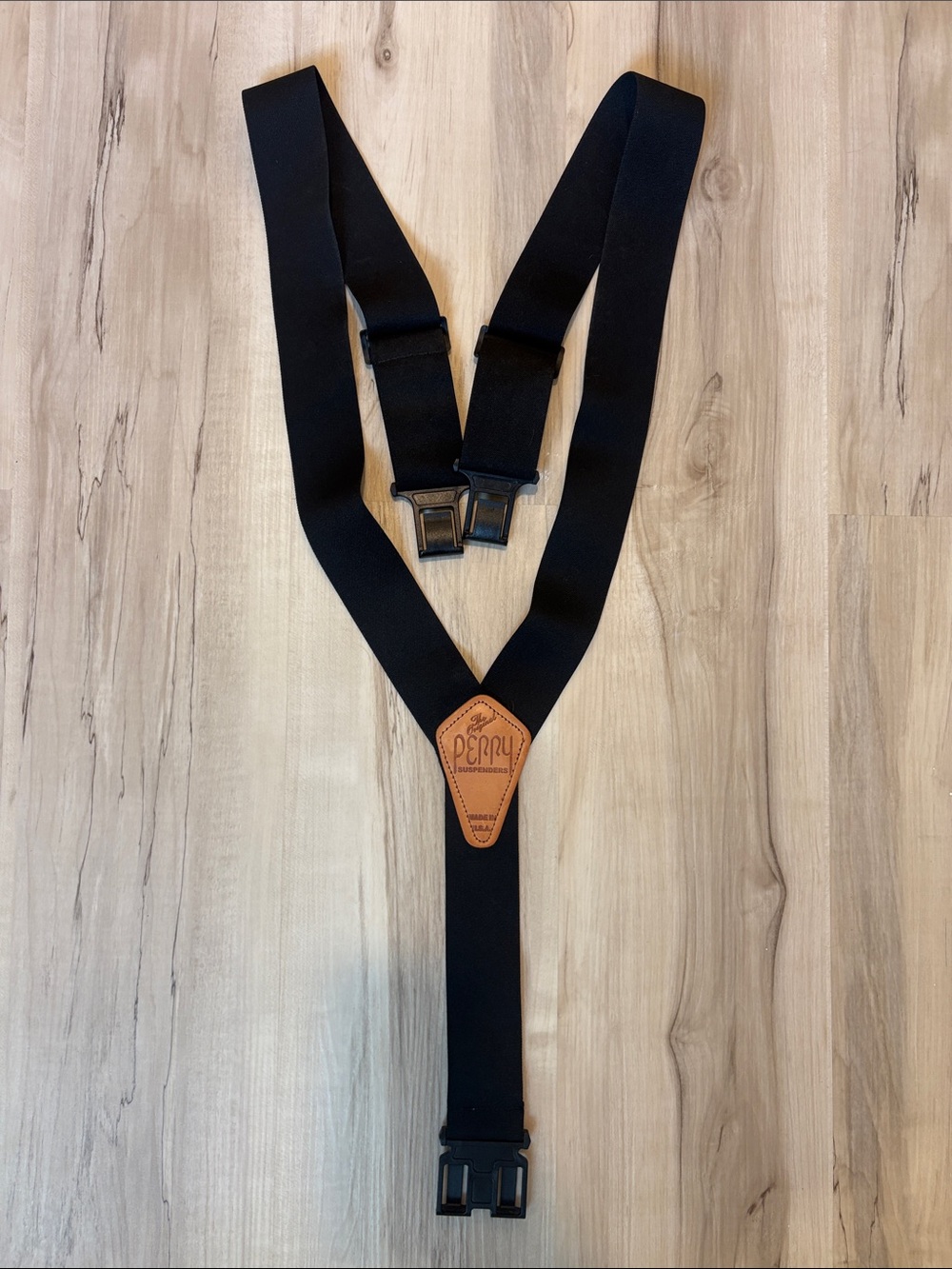 Perry Black Men's Suspenders with Tan Leather Accent